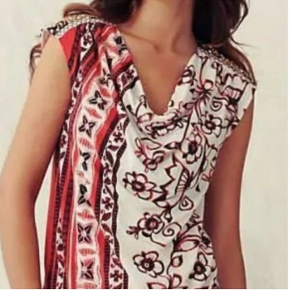 Anthropologie Pergola Cowlneck Top Floral Beaded Blouse By C Keer, Sz XS EUC - Picture 1 of 11